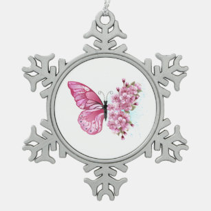 Blume Schmetterling mit rosa Sakura Schneeflocken Zinn-Ornament
