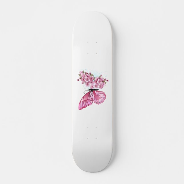 Blume Schmetterling mit rosa Sakura Skateboard (Vorne)