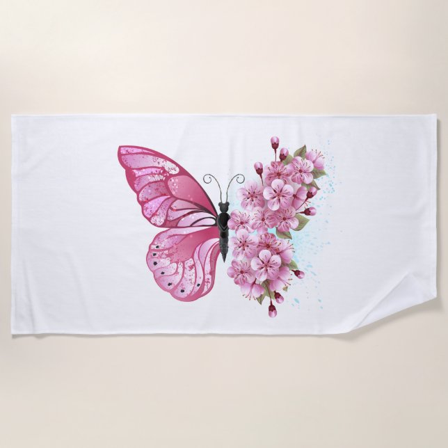Blume Schmetterling mit rosa Sakura Strandtuch (Vorderseite)