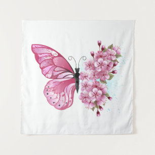 Blume Schmetterling mit rosa Sakura Wandteppich