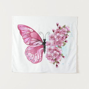 Blume Schmetterling mit rosa Sakura Wandteppich