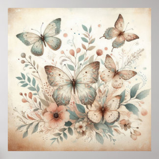 Blume Schmetterlinge in Pastellfarben Aquarell Poster
