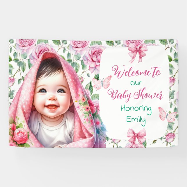 Blume & Schmetterlinge Rosa Babydusche Empfang Banner (Horizontal)