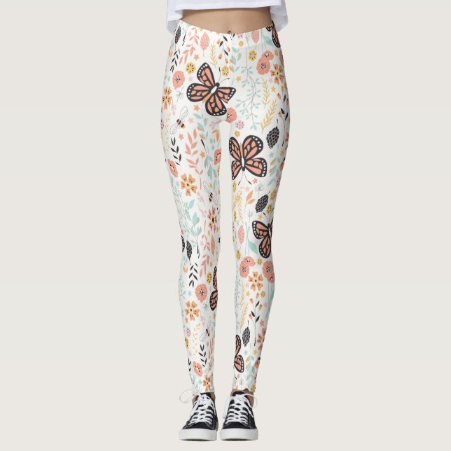 Blume Schmetterlinge und Bienen Leggings (Vorderseite)