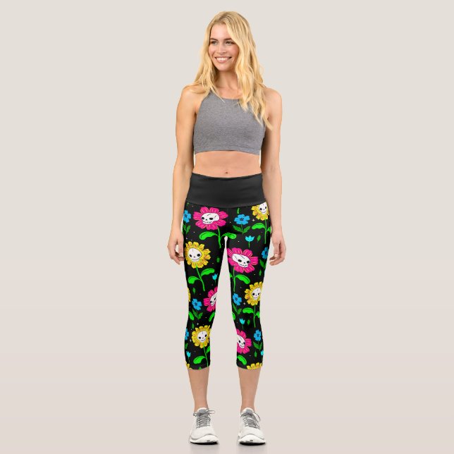 Blume Schwarz Capri Leggings (Vorderseite)