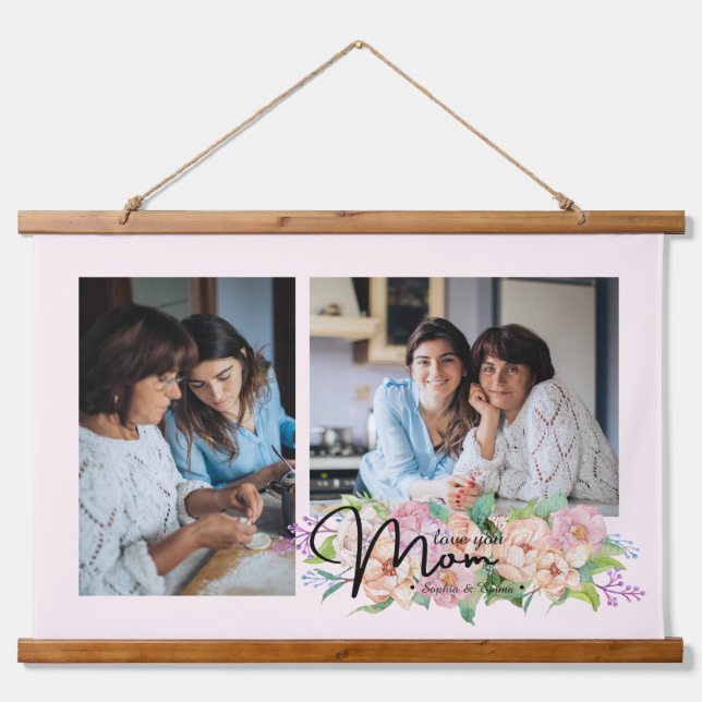 Blume Script-Liebe Mama 4 FotoCollage Wandteppich Mit Holzrahmen (Vorne)