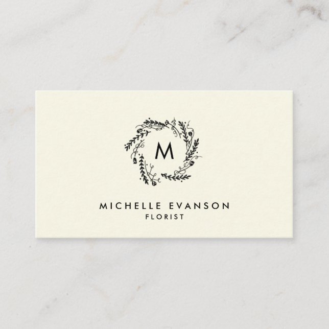 Blume Shop Monogramm Kranz Creme und Schwarz Visitenkarte (Vorderseite)