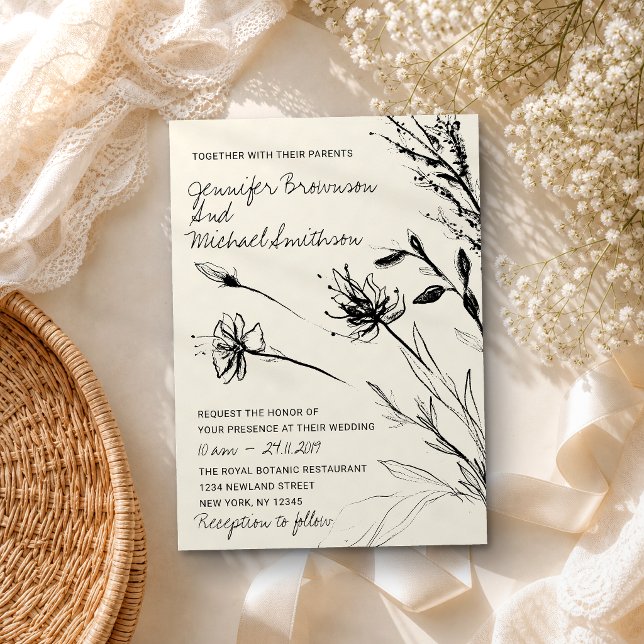 Blume Sketch Botanisches Retropapier Einladung (Von Creator hochgeladen)