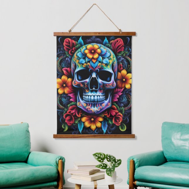 Blume Skull Wall Tapestry Wandteppich Mit Holzrahmen (Wohnzimmer)
