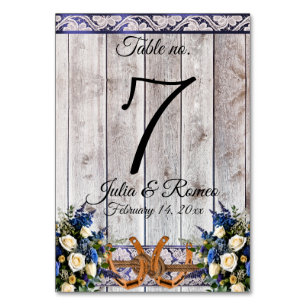 Blume, Spitzen und Hufeisen, blaues Band Tischnummer