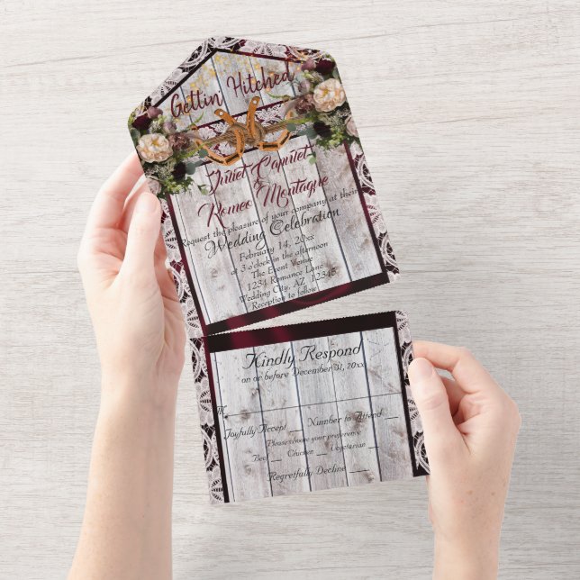 Blume, Spitzen und Hufeisen, Burgund-Band All In One Einladung (Abreißen)