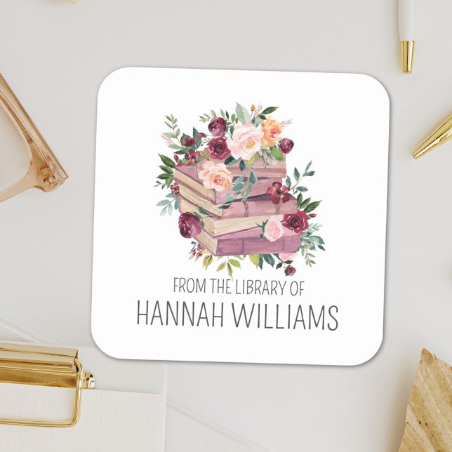 Blume Stapel Buch aus der Bibliothek des Buchzeich Quadratischer Aufkleber (In situ)