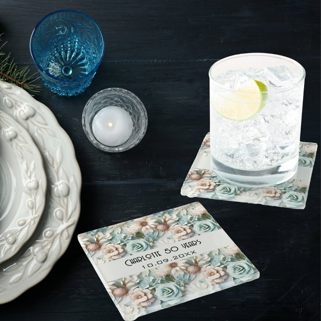 Blume staubige grüne Creme Geburtsname Glasuntersetzer (Von Creator hochgeladen)