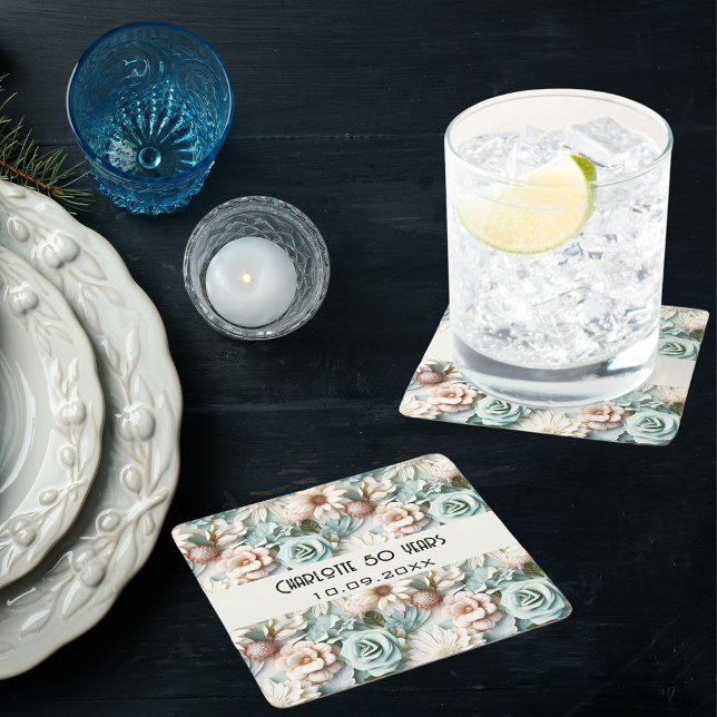 Blume staubige grüne Creme Geburtsname Rechteckiger Pappuntersetzer (Von Creator hochgeladen)