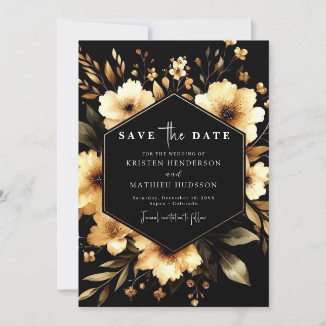 Blume Stilvolle Hochzeit in Gold und Schwarz Save The Date (Vorderseite)