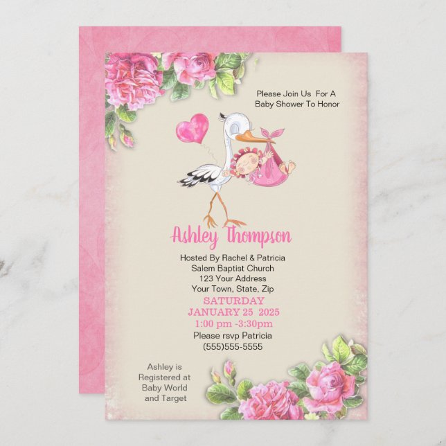 Blume Storch und Wasserfarbe Girls Babydusche Einladung (Vorne/Hinten)