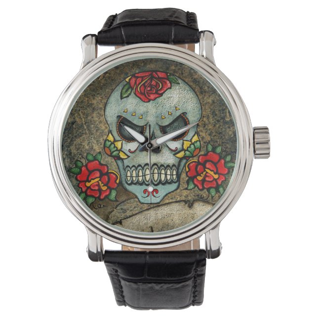 Blume Sugar Skull Armbanduhr (Vorderseite)