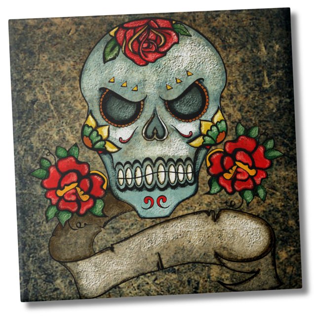 Blume Sugar Skull Fliese (Dia De Los Muertos Rose Sugar Skull Ceramic Tile)