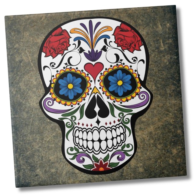 Blume Sugar Skull Fliese (Dia De Los Muertos Red Roses Sugar Skull Ceramic Tile)