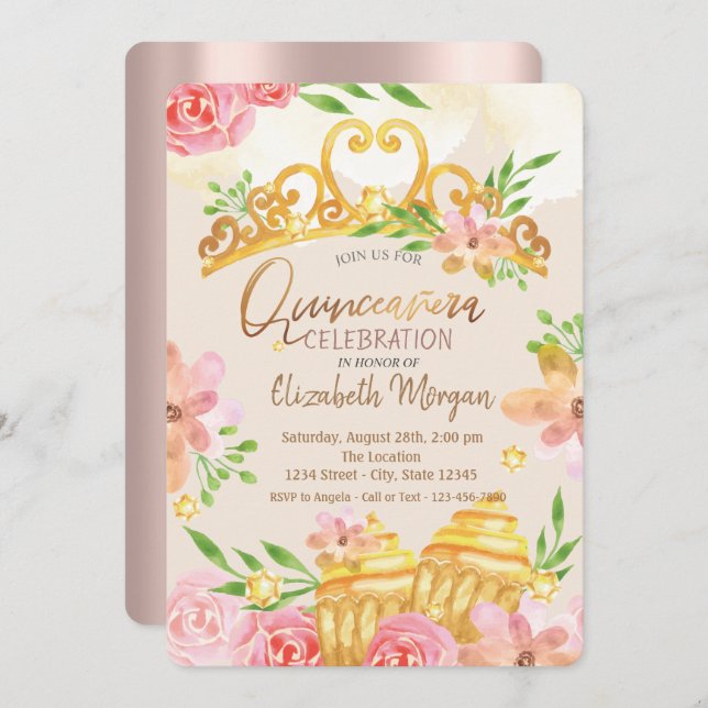 Blume, Süßigkeiten, Rose Gold Quinceñera Einladung (Vorne/Hinten)