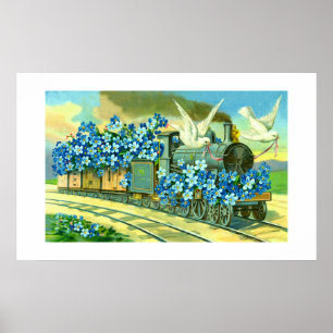 Blume, Tauben und Zug Poster