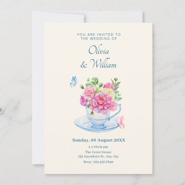 Blume Teetasse Hochzeit Einladung (Vorderseite)