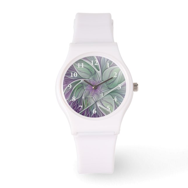 Blume Traum, Abstraktes Lila Grünes Fraktal Kunst Armbanduhr (Vorderseite)