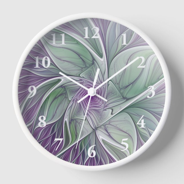 Blume Traum, Abstraktes Lila Grünes Fraktal Kunst Uhr (Vorderseite)