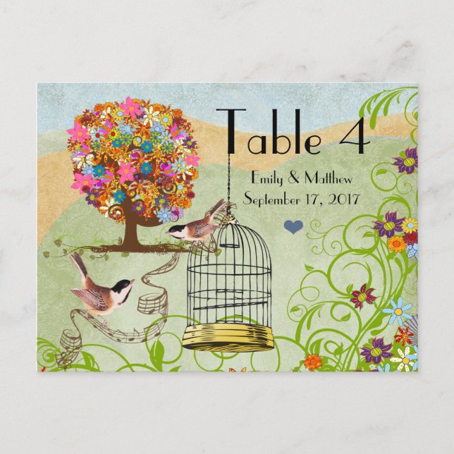 Blume Tree Birds & Bird Cage Wedding Number Card Postkarte (Vorderseite)