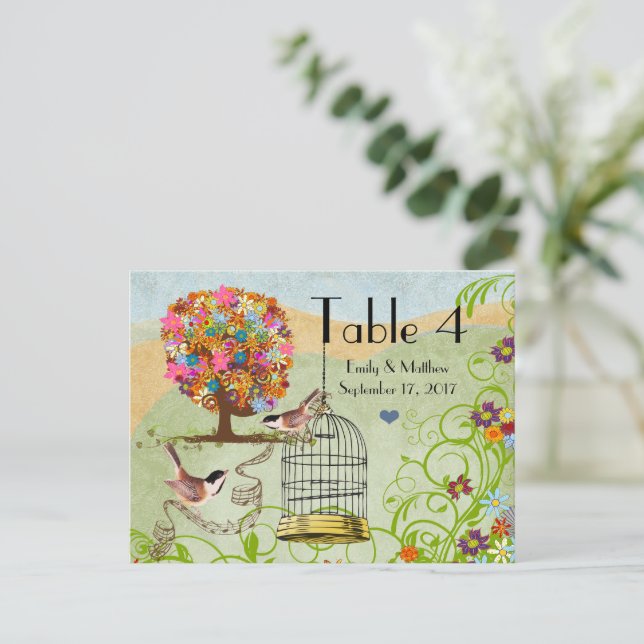 Blume Tree Birds & Bird Cage Wedding Number Card Postkarte (Stehend Vorderseite)