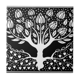 Blume Tree Black & White Beardsley Hearts Fliese