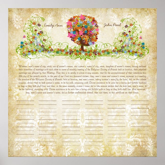 Blume Tree Print Quaker Hochzeitszertifikat Poster (Vorne)