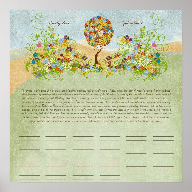 Blume Tree Print Quaker Hochzeitszertifikat Poster (Vorne)