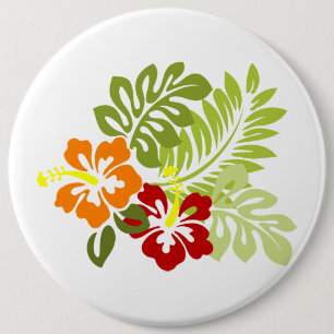Blume Tropical Blätter Hibiskus Hawaii Red Orange. Button