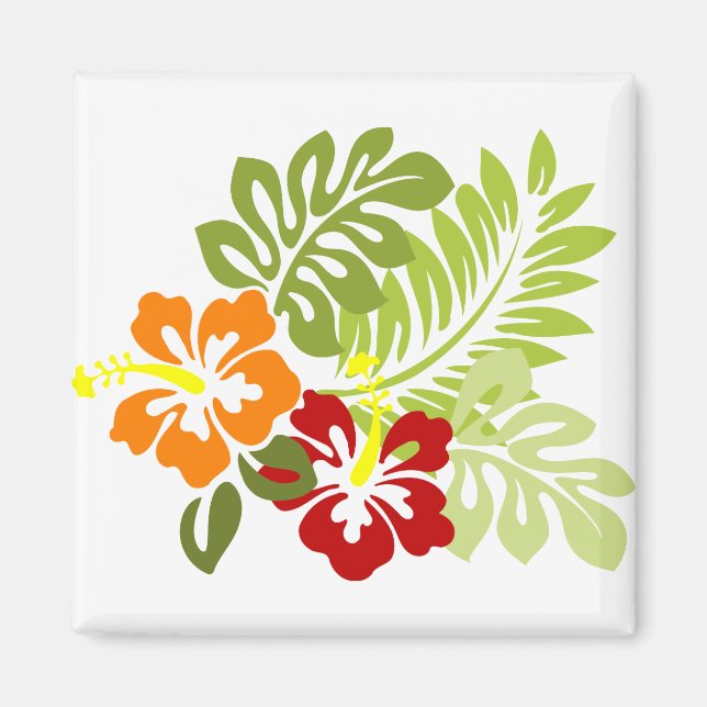 Blume Tropical Blätter Hibiskus Hawaii Red Orange. Magnet (Vorne)