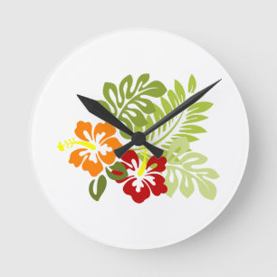 Blume Tropical Blätter Hibiskus Hawaii Red Orange. Runde Wanduhr