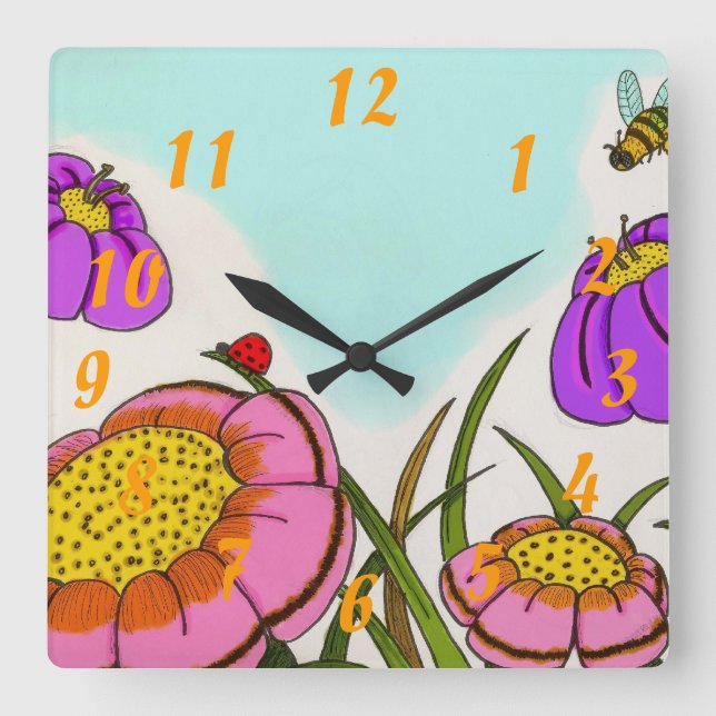 Blume-Uhr Quadratische Wanduhr (Vorderseite)