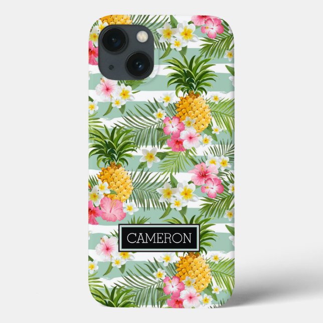 Blume und Ananas Aquamarin Streifen | Name hinzufü Case-Mate iPhone Hülle (Rückseite)