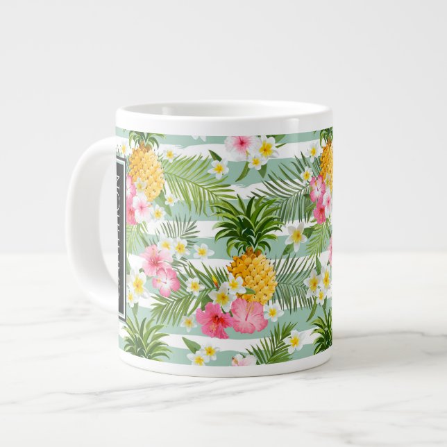 Blume und Ananas Aquamarine Streifen| Name hinzufü Jumbo-Tasse (Vorderseite Links)