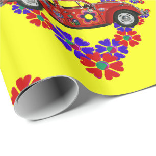 Blume und Auto der 60er Jahre Geschenkpapier