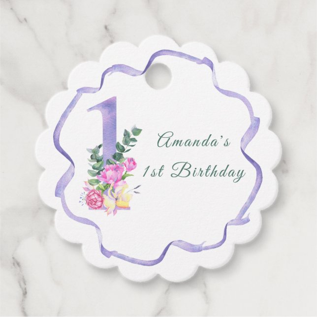 Blume und Band Erster Geburtstag Geschenkanhänger (Vorderseite)