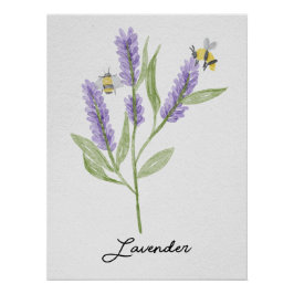 Blume und Bienen aus handbemaltem Lavendel Poster