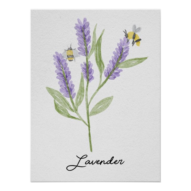 Blume und Bienen aus handbemaltem Lavendel Poster (Vorderseite)