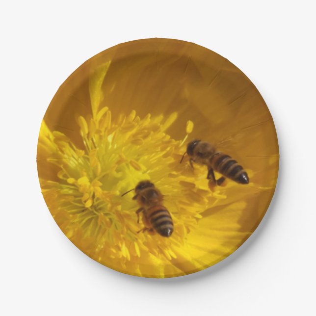 Blume- und Bienenpapier-Teller Pappteller (Vorderseite)