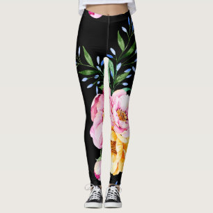 Blume und Blattdesign auf schwarz Leggings