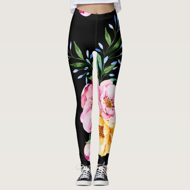 Blume und Blattdesign auf schwarz Leggings (Vorderseite)