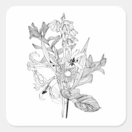 Blume und Blätter aus Palmen im Skizzenstil. Quadratischer Aufkleber