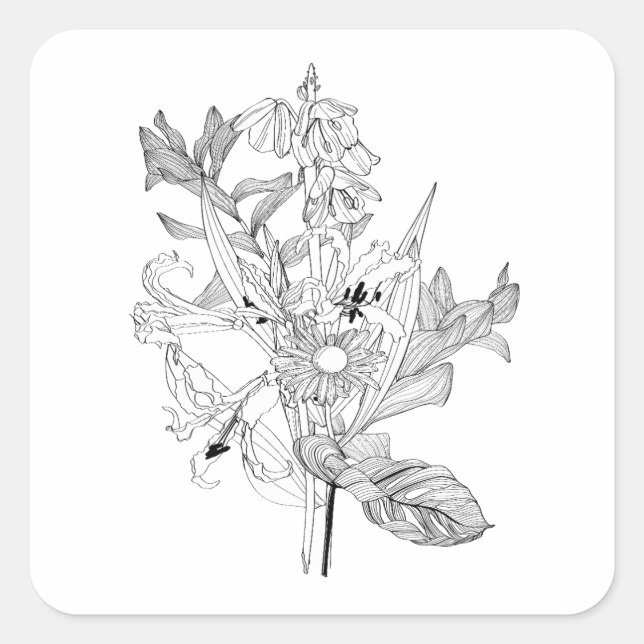 Blume und Blätter aus Palmen im Skizzenstil. Quadratischer Aufkleber (Vorderseite)