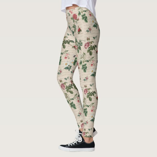 Blume und Blätter Beige Hintergrund Leggings (Links)