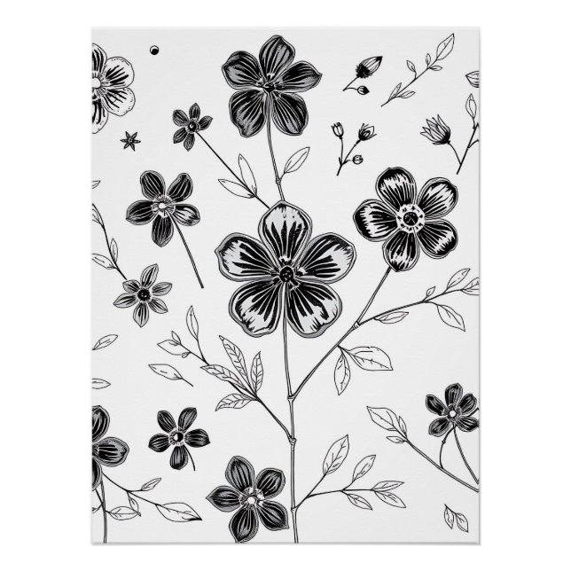 Blume und Blätter mit feiner Linie Poster (Vorderseite)